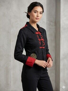 Gothic Grunge Coquette Black Floral Jacquard Crop Mandarin Jacket Red Trim Japan